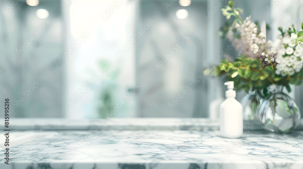 Aufkleber Blurred bathroom background and  Marble counter table top  can be used mock up for montage products display or design layout : Generative AI