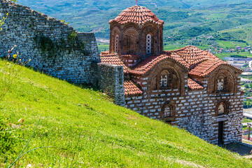 A view down the side of Saint Theodores Church in the castle above the city of Berat, Albania in...