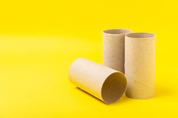 Empty toilet paper roll. Rolls of toilet paper on background. Paper tube of toilet paper. Place for text. Copy space. Flat lay. Eco-friendly reuse recycle