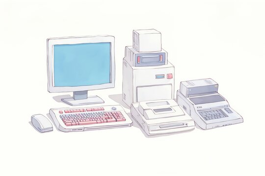 A vintage computer setup with a monitor, keyboard, mouse, printer and calculator.