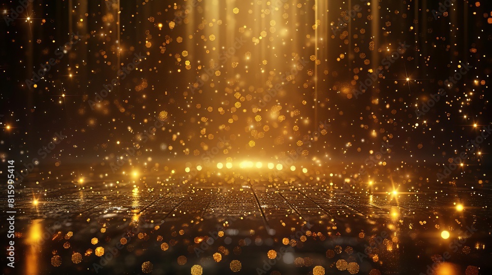 Poster luxurious abstract background with golden particles shimmering stars and illuminated floor digital i