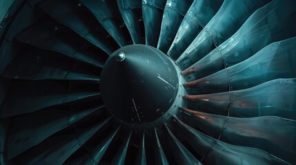 Close up image of a fan blade and spinner cone in an aircraft s turbofan engine