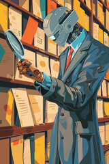 Cyborg Detective Uses Magnifying Glass to Search Files in Giant Folder for Quick Database Indexing