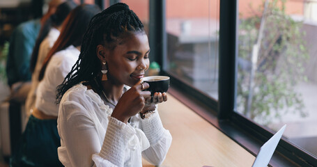 Coffee shop, relax and black woman by window with drink for happiness, calm and breakfast in cafe....