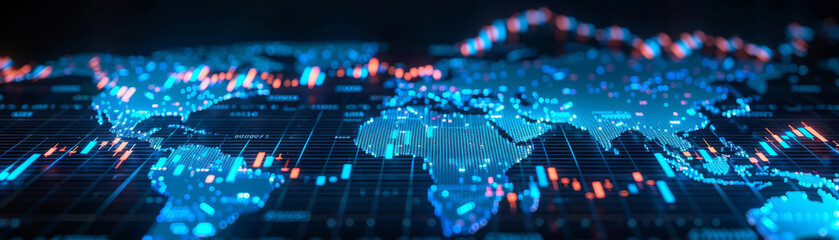 Bluethemed digital artwork featuring a world map with candlestick charts, indicating global trading trends