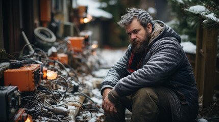 Tired and worried unshaven man dressed with winter clothes crouching outside in front of an electrical mess with a blurry snowy street in background