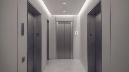 Elevators door closed in the hallway condominium Light grey interior building with metal lifts residential and commercial service Architecture structure elevation concept Monotone colo : Generative AI