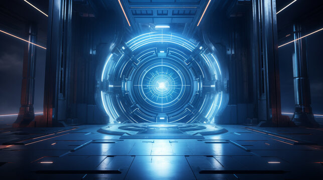 Circular Blue Glowing Sci-fi large Door in center of a futuristic room of an unknown alien temple with a dark background