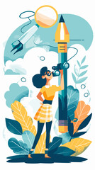 Creative Woman Searching for Inspiration and Ideas with Pencil Binoculars on Landing Page