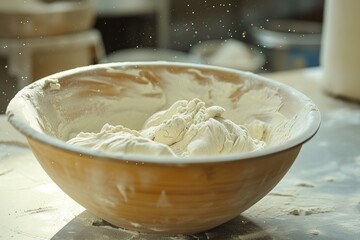 Fototapeta premium Sunlight bathes a bowl of homemade dough, evoking a warm, rustic baking atmosphere