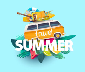 Summer travel illustration with retro mini van , tropical fruits and plants, white letters. Vacation concept design.