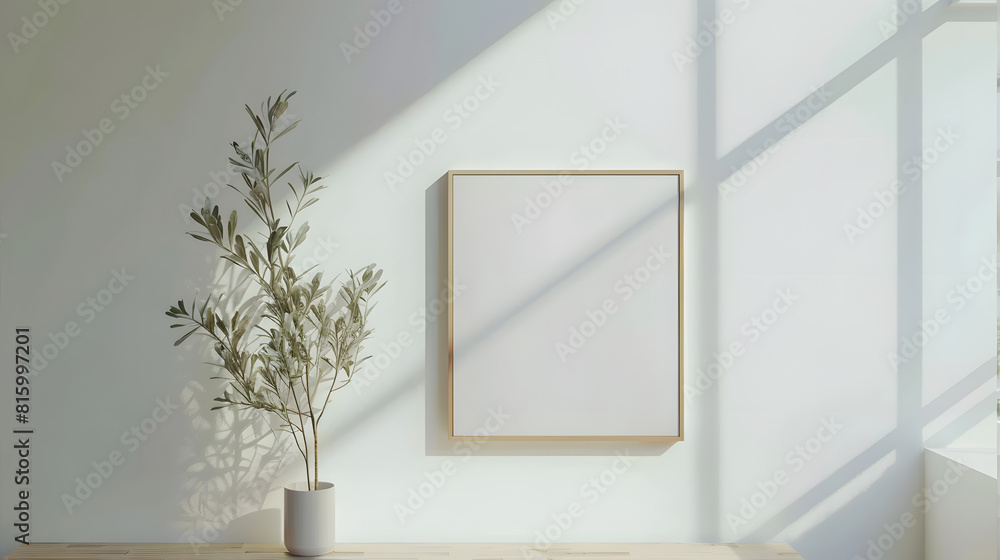 Poster blank empty picture frame mockup on white wall artwork in interior design modern scandinavian style 