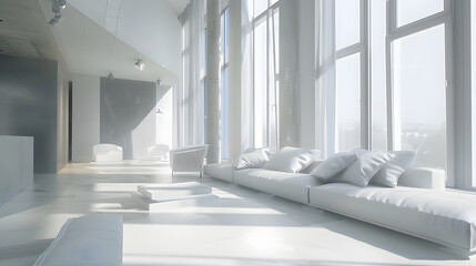 Fototapeta premium minimalistic interior of an ultra modern open plan apartment with white and gray walls with a relief and gray stylish upholstered furniture and huge windows : Generative AI