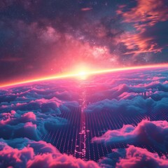 Fototapeta premium Abstract holographic backgrounds featuring elements such as synthwave, vaporwave, retro wave, and cyberpunk aesthetics are popular in digital art.