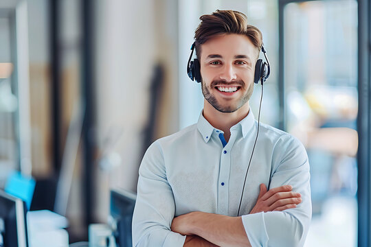 Smiling young professional wearing headphones in a modern office environment, showcasing confidence, communication skills, and a friendly approach to work and customer support