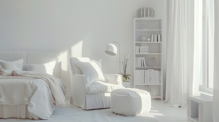 White bedroom with screen bed armchair bookcase lamp and pouf : Generative AI