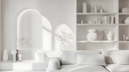 Living room interior with white decor arched mirror and built in shelving warm white tone minimalist : Generative AI