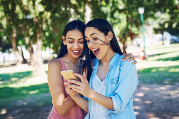 Women, friends and phone in park with surprise for exam results, email or notification for...