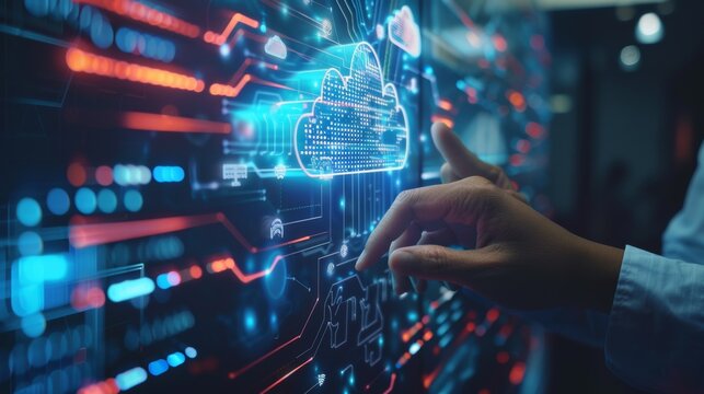 A person interacts with a futuristic holographic display showing cloud computing and network technology in a high-tech environment.