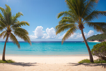 Obraz premium tropical beach overlooking palm trees and ocean, vacation and summer holiday concept