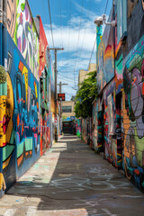 A quirky street art alley adorned with vibrant murals, graffiti tags, and urban artworks, showcasing the creativity and expression of local artists in a colorful and dynamic outdoor gallery. 