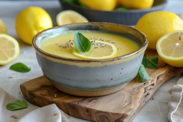 Bowl of vibrant lemon basil soup garnished with herbs, surrounded by fresh lemons on a wooden board
