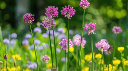 Obraz premium Allium ampeloprasum blooming in early summer against a green backdrop