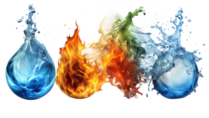 Water, fire, and earth elements colliding in a vivid display of natures forces captured in dynamic motion against a bright background