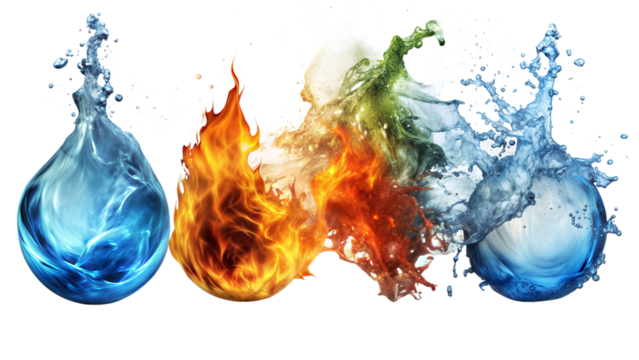 Water, fire, and earth elements colliding in a vivid display of natures forces captured in dynamic motion against a bright background