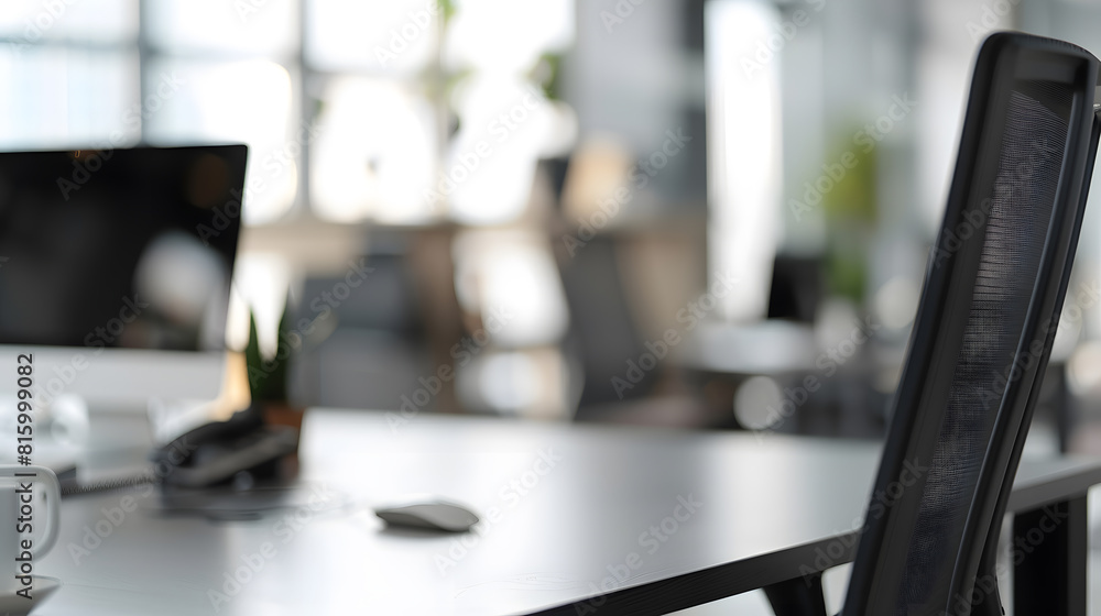 Poster modern business office without people with blurred bokeh background tables chairs computers copy spa