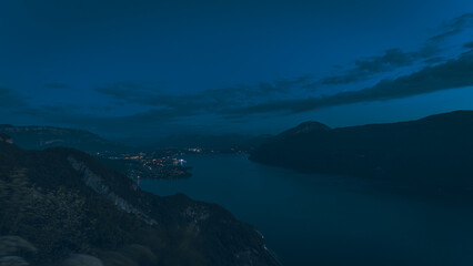 Viewpoint of a sunset over Lake Bourget in Aix-Les-Bains, in Savoie and its mountains