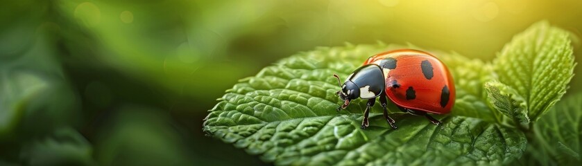 Fototapeta premium Ladybug macro photography against a vibrant green backdrop in the natural environment.