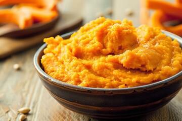 Freshly made pumpkin puree served in a rustic bowl on a wooden table