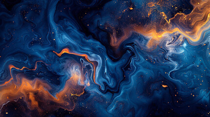 Cobalt and saffron blend, swirling into an abstract marine masterpiece.