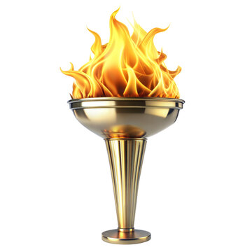 A golden torch emitting bright orange flames, set against a white background in broad daylight