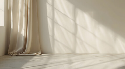 Neutral modern empty room with sunlight shadow white blank wall background beige linen curtain...