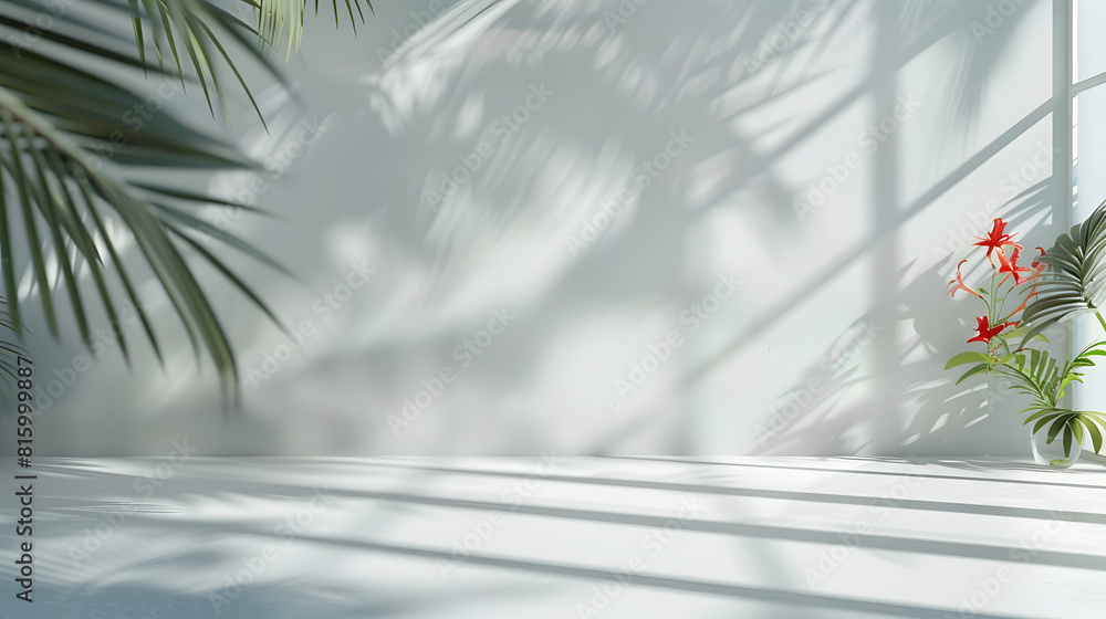 Poster Abstract white studio background for product presentation Empty room with shadows of window and flowers and palm leaves  3d room with copy space Summer concert Blurred backdrop : Generative AI