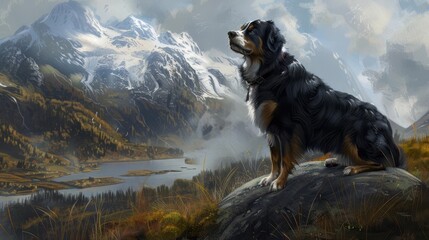 majestic mountain dog adventure loyal companion explores rugged wilderness landscape digital painting
