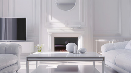 White elegant living room with fireplace tv coffee table and couch panorama : Generative AI
