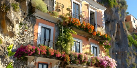 Fototapeta na wymiar The Amalfi Coast features charming Italian towns with terraced houses and flowers. Concept Italian Architecture, Coastal Living, Terraced Villages, Floral Landscapes