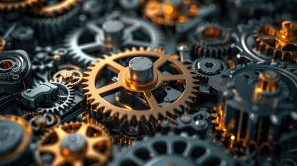A close up of a large number of gears, some of which are gold