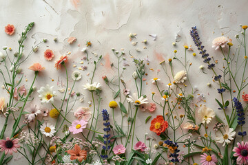 Composition of wildflowers and garden flowers in flat lay style. Natural shapes and subtle colors on a pastel canvas