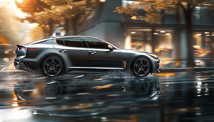 Dynamic Drive: Side View of Gray car under Raindrops with Sunlit Reflections on the Clear Right Side