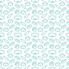 Seamless pattern with a cats muzzle, bowl, paw, house, fish. Doodle vector outline illustration.