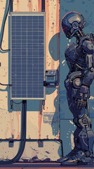 Cyborg with Low Battery Charging at Solar Panel Station, Sustainable Technology