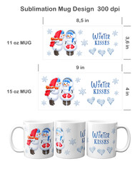 Funny Kissing Snowmen. Christmas sublimation templates for 11 oz and 15 oz mug.