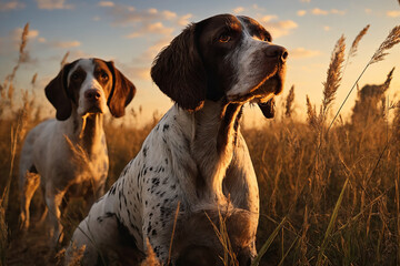 A photo of two dogs sitting in a field of tall grass.