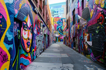 Obraz premium A quirky street art alley adorned with vibrant murals, graffiti tags, and urban artworks, showcasing the creativity and expression of local artists in a colorful and dynamic outdoor gallery. 
