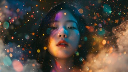 Young Asian Woman Surrounded by Colorful Dust