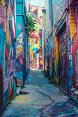 A quirky street art alley adorned with vibrant murals, graffiti tags, and urban artworks, showcasing the creativity and expression of local artists in a colorful and dynamic outdoor gallery. 